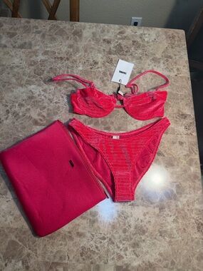 triangl swimwear Neon Pink Textured Bikini Set with Zip Pouch